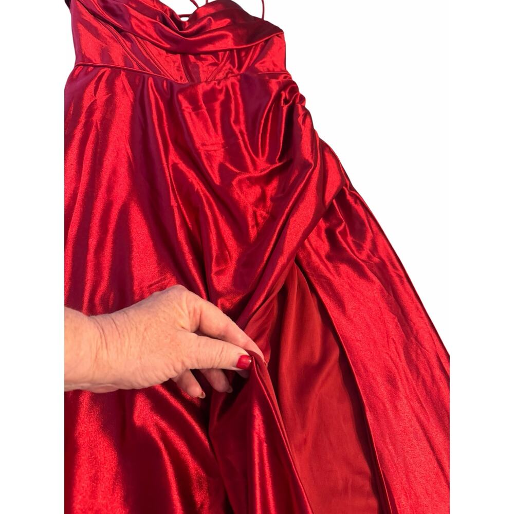 STACEES Red Satin Corset Gown Thigh-High Slit - Size 8 - Picture 13 of 16